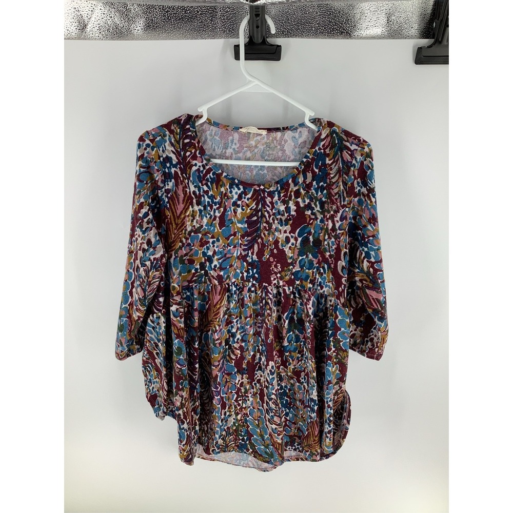 Womens Floral Tunic Blouse 3/4 Sleeve Babydoll Round Neck Burgundy